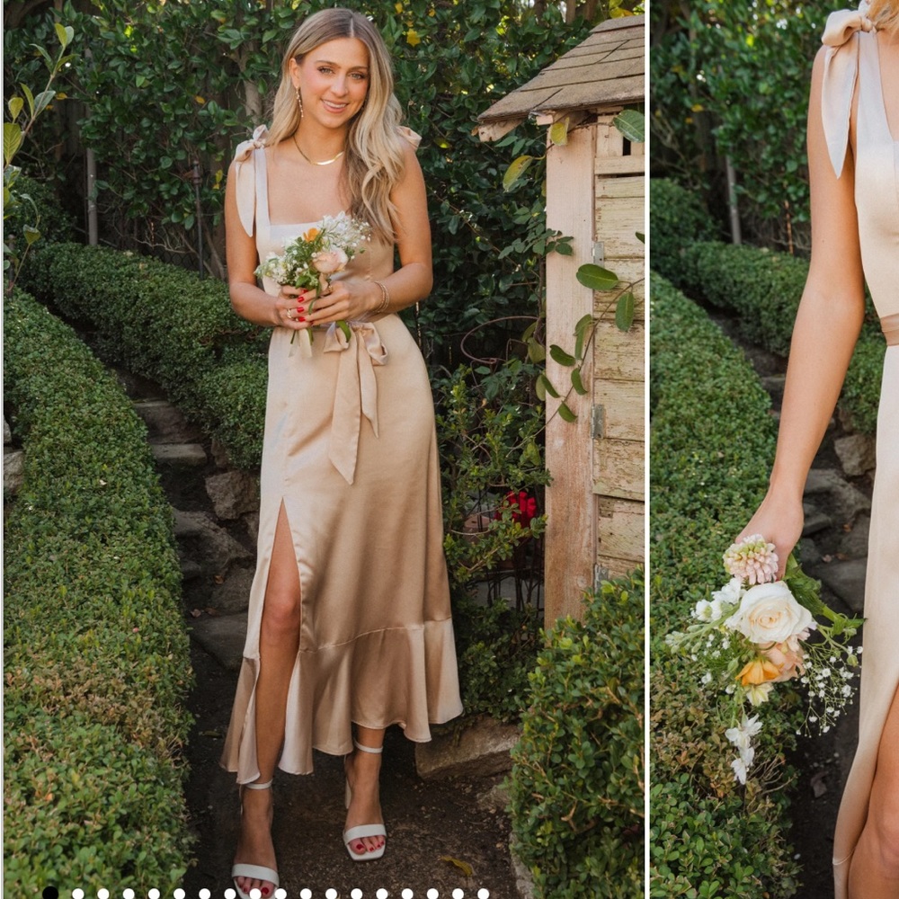 Show Me Your Mumu Claire Midi Dress Champagne Luxe Satin